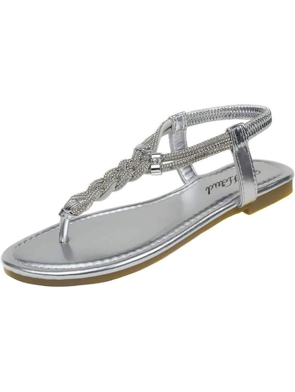 Silver Rhinestone T-Strap Flat Sandals Size 7